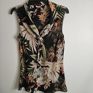 Tahari Sleeveless Collared Floral Birds Print Chiffon Blouse Dressy Casual Sz M